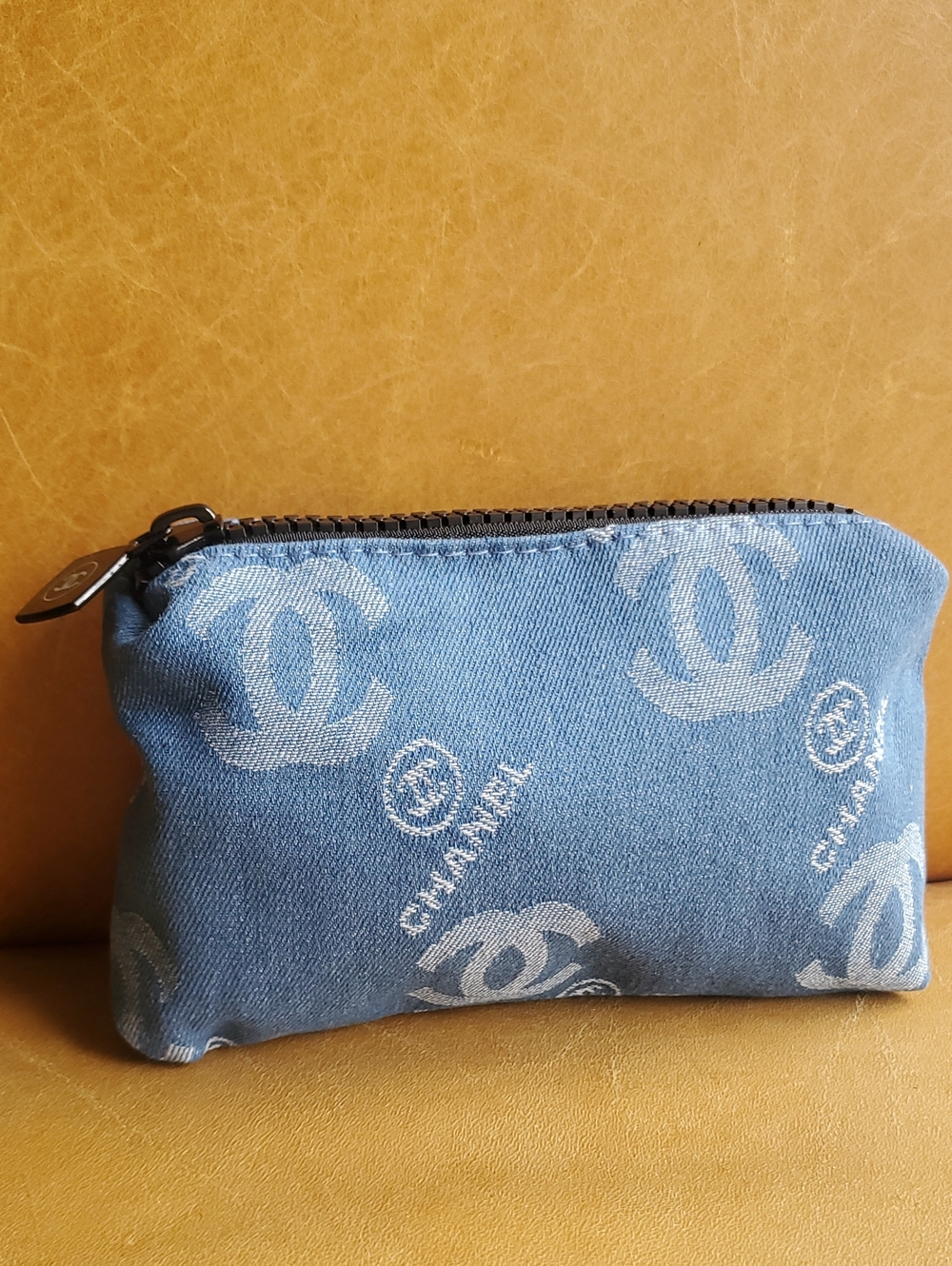 CHANEL Denim Jean Blue Logo Cosmetic Bag Clutch Pouch
